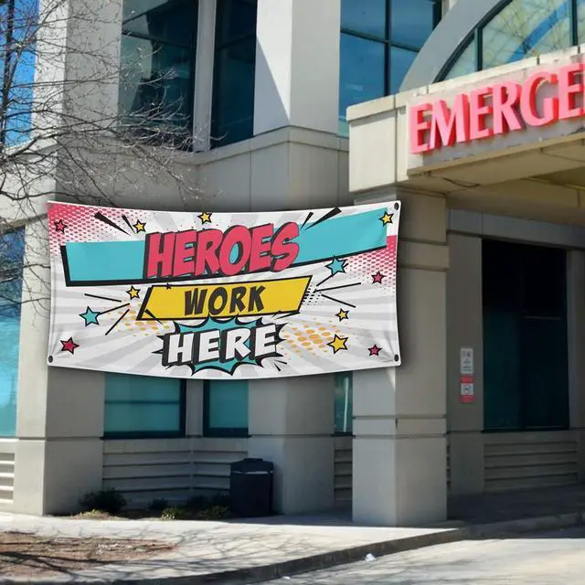 Alt view image 2 of 6 - Banner Heroes Work Here Waterproof Vinyl Banner, 7x16 Feet