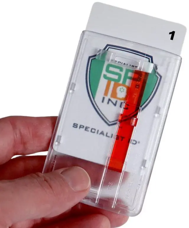 Main image of Bulk 50 Pack - Frosted Vertical Rigid Badge Holder I.D. Card Dispenser with Easy Access Red Extractor Slide - Clear Hard Plastic with Thumb Tab by