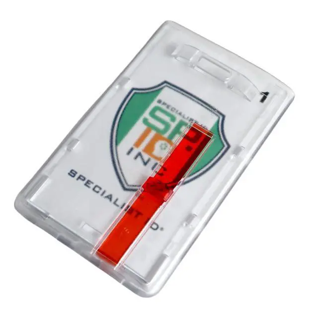 Alt view image 2 of 7 - Bulk 50 Pack - Frosted Vertical Rigid Badge Holder I.D. Card Dispenser with Easy Access Red Extractor Slide - Clear Hard Plastic with Thumb Tab by