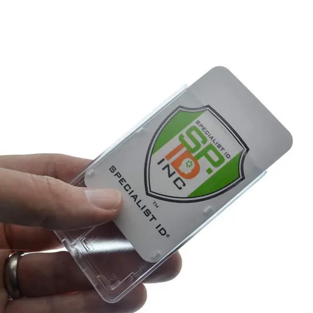 Alt view image 7 of 7 - Bulk 50 Pack - Frosted Vertical Rigid Badge Holder I.D. Card Dispenser with Easy Access Red Extractor Slide - Clear Hard Plastic with Thumb Tab by