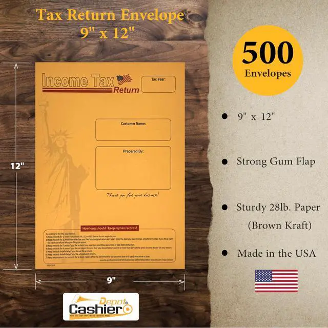 Alt view image 3 of 4 - 500 Cashier Depot Income Tax Return Envelopes 9" x 12" Catalog (Open End), Lady Liberty Design, Heavy 28lb Kraft Paper, Gum Flap, Printable & Customizable, 500 Count
