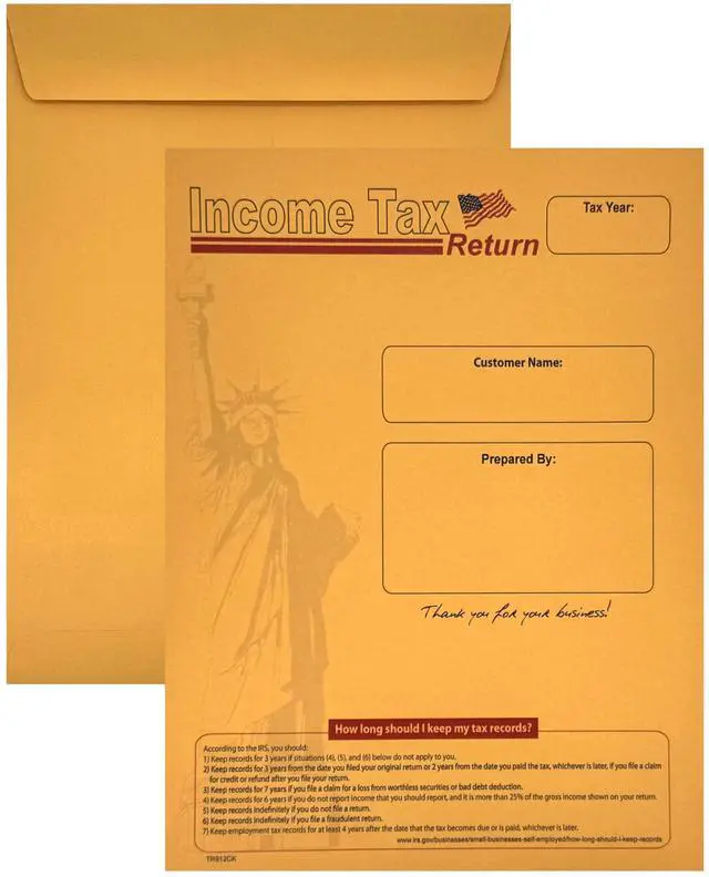 Main image of 500 Cashier Depot Income Tax Return Envelopes 9" x 12" Catalog (Open End), Lady Liberty Design, Heavy 28lb Kraft Paper, Gum Flap, Printable & Customizable, 500 Count