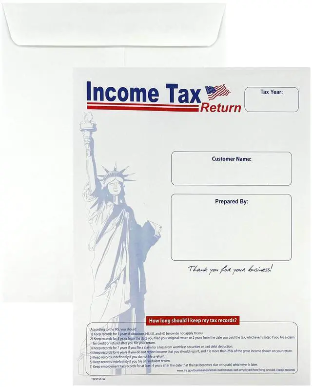 Main image of 500 Cashier Depot Income Tax Return Envelopes 9" x 12" Catalog (Open End), Lady Liberty Style, Heavy 28lb White Paper, Gum Flap, Printable & Customizable, 500 Count