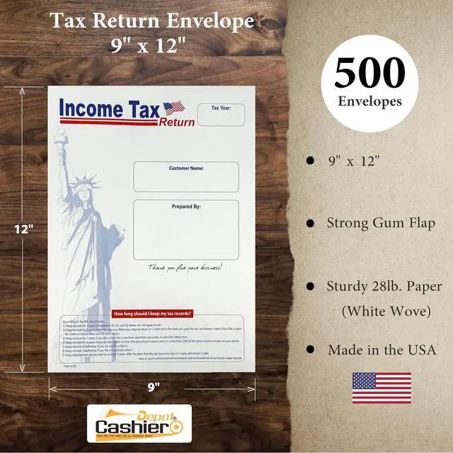 Alt view image 2 of 4 - 500 Cashier Depot Income Tax Return Envelopes 9" x 12" Catalog (Open End), Lady Liberty Style, Heavy 28lb White Paper, Gum Flap, Printable & Customizable, 500 Count