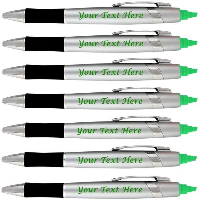 Main image of Personalized Pens with Highlighter -200 Pack Bulk-Free Imprint - 2 In Bible Highlighter with Ballpoint Pen Combo- add Custom Name, Logo or Gift Message- Black Ballpoint Ink, Green Color