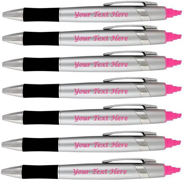 Main image of Personalized Pens with Highlighter -200 Pack Bulk-Free Imprint - 2 In Bible Highlighter with Ballpoint Pen Combo- add Custom Name, Logo or Gift Message- Black Ballpoint Ink, Pink Color