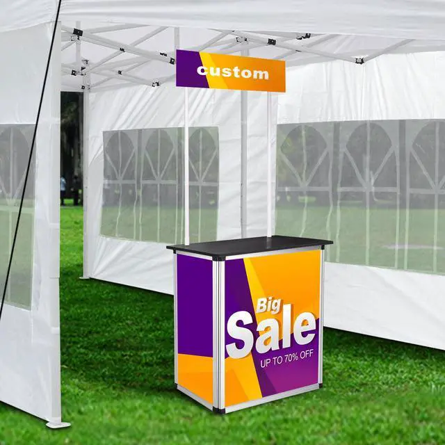 Alt view image 6 of 7 - 2 Set Pop Up Promotional Counter with Header Board | Aluminum Frame, Foldable Customizable Branding Panel, Internal Storage, Includes Carrying Bag (2 Set)