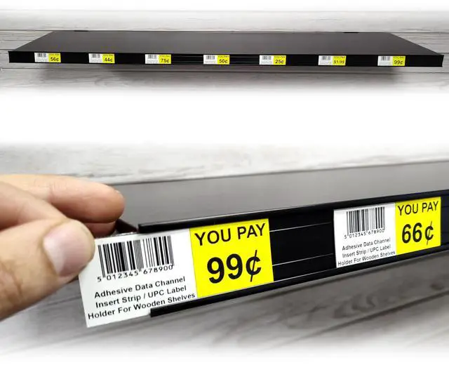 Main image of Adhesive Data Channels, 48" L x 1.25" H Stick on C Channels & UPC Label Holder For Wood, Metal & Plastic Shelves, Black, 50 Pack