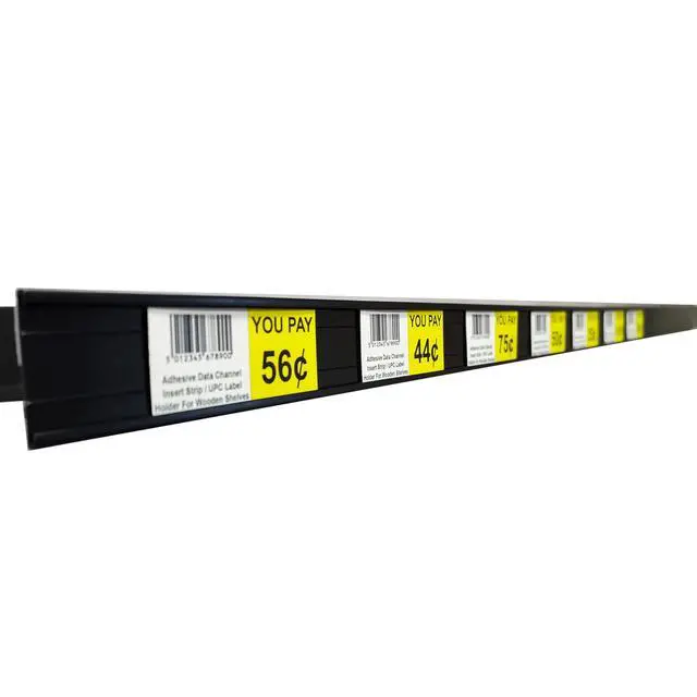 Alt view image 3 of 7 - Adhesive Data Channels, 48" L x 1.25" H Stick on C Channels & UPC Label Holder For Wood, Metal & Plastic Shelves, Black, 50 Pack