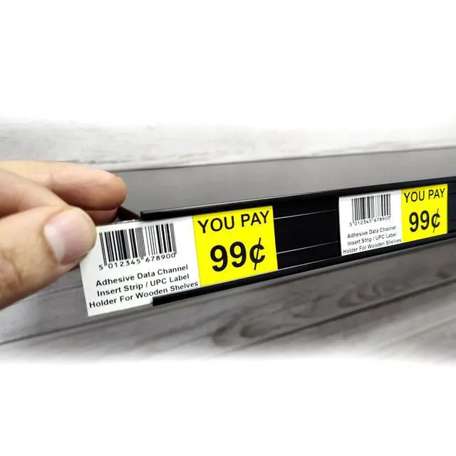 Alt view image 7 of 7 - Adhesive Data Channels, 48" L x 1.25" H Stick on C Channels & UPC Label Holder For Wood, Metal & Plastic Shelves, Black, 50 Pack