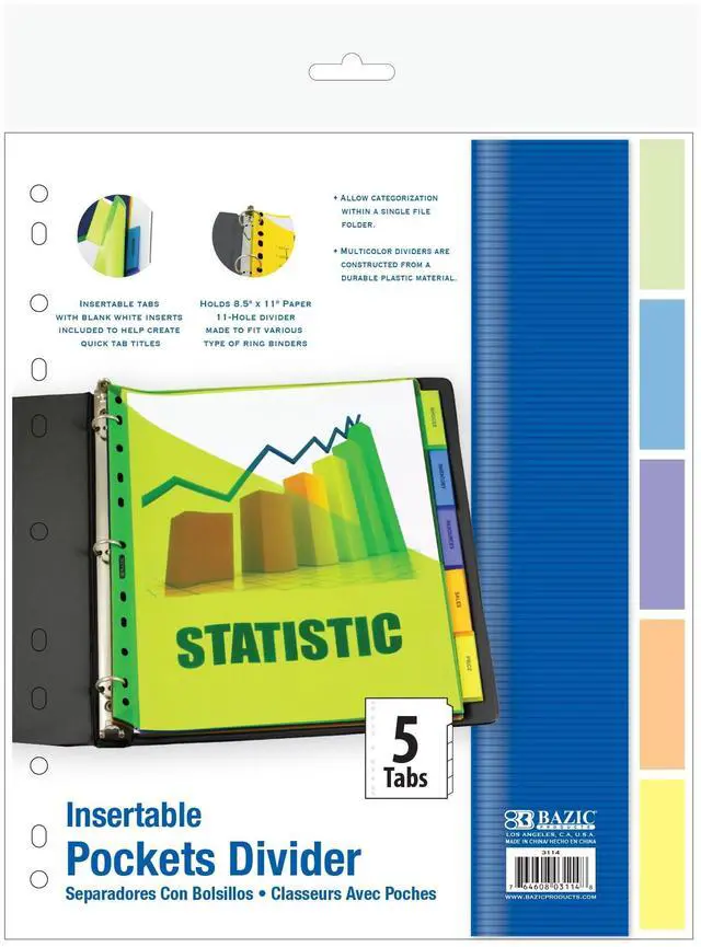 Main image of Pocket Binder Dividers, 5 Insertable Color Tabs, 144-Case | 5 insertable clear color tabs with white label inserts, reinforced 3-hole edge fits 3-ring binders