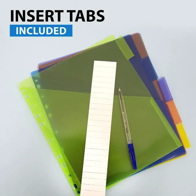 Alt view image 3 of 7 - Pocket Binder Dividers, 5 Insertable Color Tabs, 144-Case | 5 insertable clear color tabs with white label inserts, reinforced 3-hole edge fits 3-ring binders