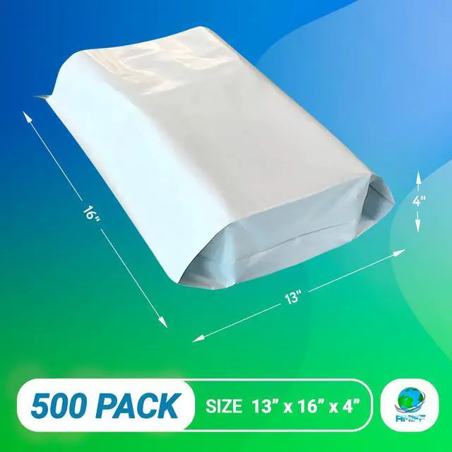 Alt view image 2 of 7 - Poly Mailers 12 x 15,5 Inch with 4 Inch Gusset, 2.5 Mil White Shipping Bags, Self Seal Lip Tape, Expandable Mailing Envelopes for Clothing and Packaging, 500 Pack