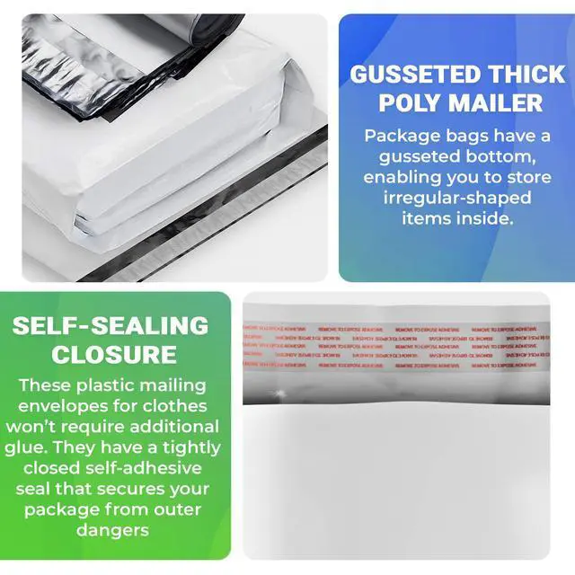 Alt view image 4 of 7 - Poly Mailers 12 x 15,5 Inch with 4 Inch Gusset, 2.5 Mil White Shipping Bags, Self Seal Lip Tape, Expandable Mailing Envelopes for Clothing and Packaging, 500 Pack