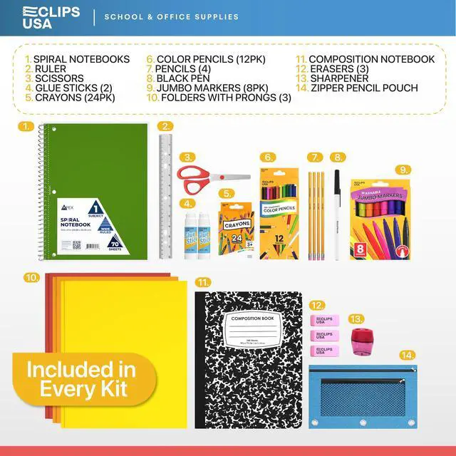 Alt view image 2 of 6 - 72 Piece Back to School Supplies Kit 12 Pack Bulk K-5 Kids School Supply Kit