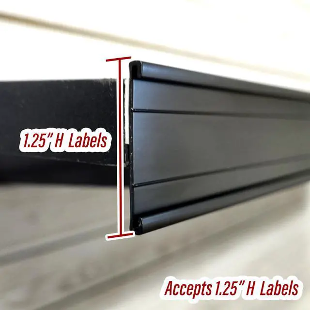 Alt view image 5 of 7 - Adhesive Data Channels, 48" L x 1.25" H Stick on C Channels & UPC Label Holder For Wood, Metal & Plastic Shelves, Black, 50 Pack