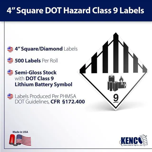 Alt view image 2 of 7 - D.O.T. Labels - Hazard Class 9 DOT Lithium Battery 9 Labels 4" X 4" Square Stickers - 500 Adhesive Labels Per Roll, Made in The USA by (12)