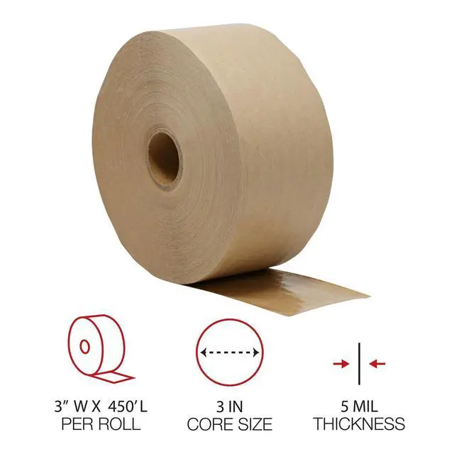 Alt view image 3 of 4 - Glass-Fiber Reinforced Gummed Kraft Sealing Tape, 3" Core, 3" X 450 Ft, Brown, 10/Carton