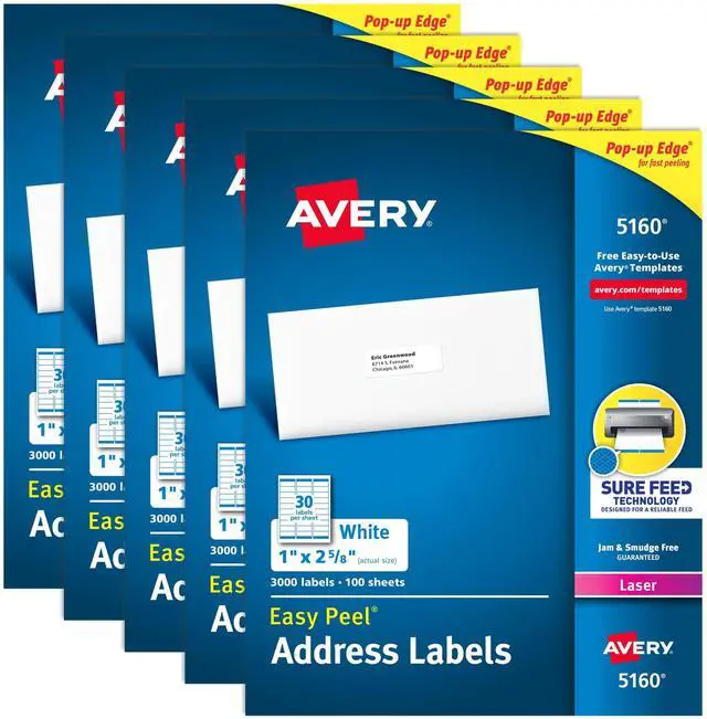 Main image of Easy Peel Printable Address Labels with Sure Feed, 1" x 2-5/8" Customizable Stickers, White, 15,000 Blank Mailing Labels, Great for Mailing, Shipping, and More (5-Pack of 5160)