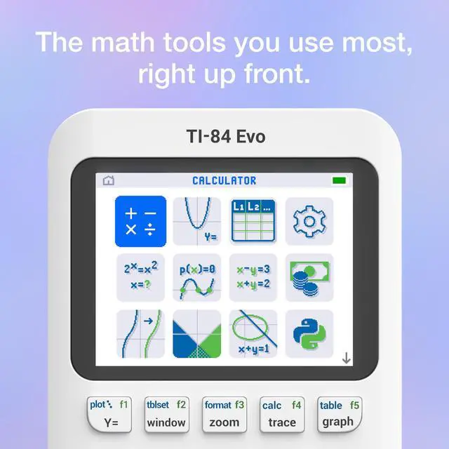 Alt view image 4 of 7 - TI-84 Evo Graphing Calculator, Lavender | Intuitive Icon-based Homescreen, USB-C Charging, Python Programming, Faster Performance, Bigger Graphs than TI-84 Plus CE