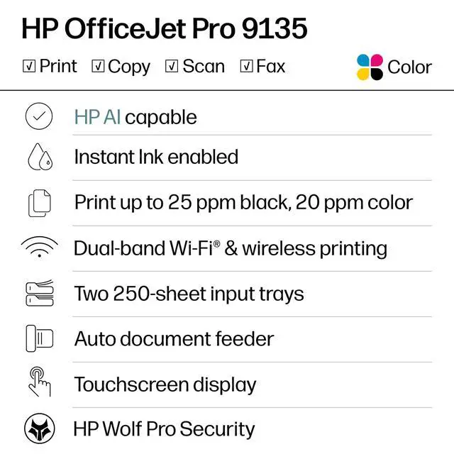 Alt view image 2 of 7 - OfficeJet Pro 9135 Wireless All-in-One Color Inkjet Printer, Print, Scan, Copy, Fax, ADF, Duplex Print/scan, Best-for-Office, 3 Month Trial of Instant Ink Included, AI-Capable (C2WM0A)