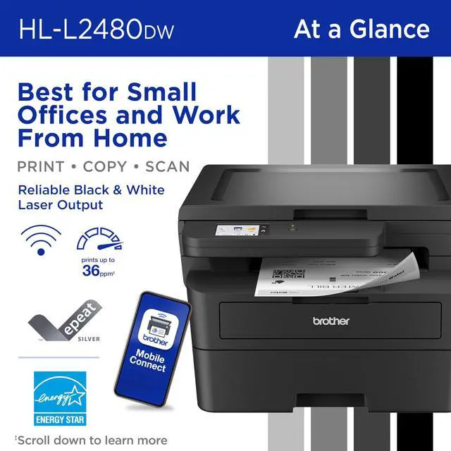 Alt view image 2 of 7 - HL-L2480DW Wireless Compact Monochrome Multi-Function Laser Printer with Copy and Scan, Duplex, Mobile, Black & White | Includes Refresh Subscription Trial(1), Works with Alexa