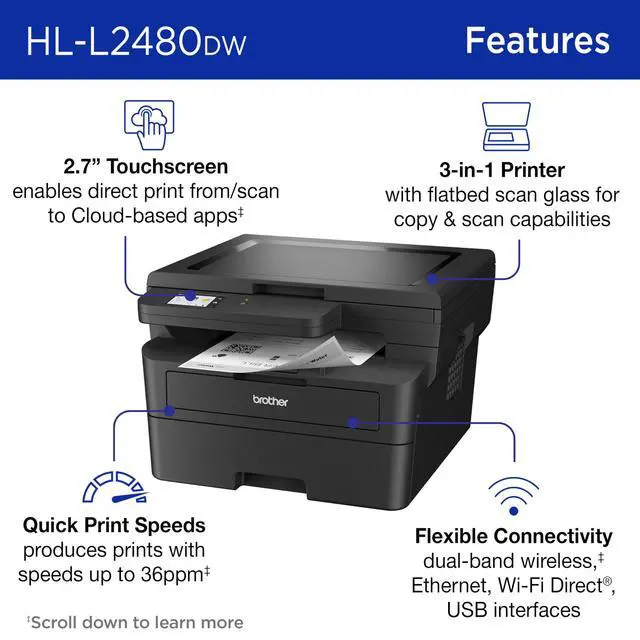 Alt view image 3 of 7 - HL-L2480DW Wireless Compact Monochrome Multi-Function Laser Printer with Copy and Scan, Duplex, Mobile, Black & White | Includes Refresh Subscription Trial(1), Works with Alexa