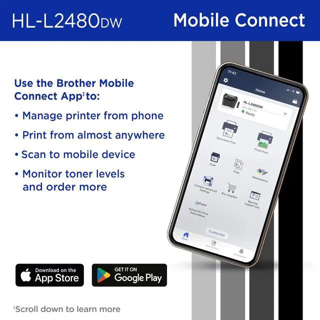 Alt view image 5 of 7 - HL-L2480DW Wireless Compact Monochrome Multi-Function Laser Printer with Copy and Scan, Duplex, Mobile, Black & White | Includes Refresh Subscription Trial(1), Works with Alexa