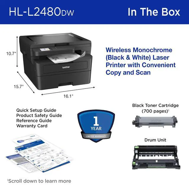 Alt view image 7 of 7 - HL-L2480DW Wireless Compact Monochrome Multi-Function Laser Printer with Copy and Scan, Duplex, Mobile, Black & White | Includes Refresh Subscription Trial(1), Works with Alexa