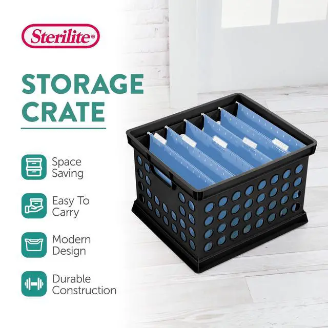 Alt view image 3 of 7 - Stackable Plastic Storage Crate Bin Organizer File Box with Handles for Home, Office, Dorm, Garage, or Utility Organization, Black, 24-Pack
