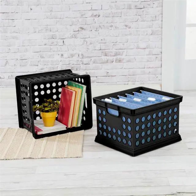 Alt view image 5 of 7 - Stackable Plastic Storage Crate Bin Organizer File Box with Handles for Home, Office, Dorm, Garage, or Utility Organization, Black, 24-Pack