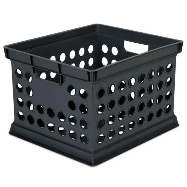 Alt view image 2 of 7 - Stackable Plastic Storage Crate Bin Organizer File Box with Handles for Home, Office, Dorm, Garage, or Utility Organization, Black, 24-Pack