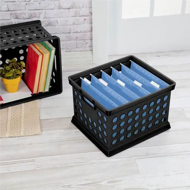 Alt view image 6 of 7 - Stackable Plastic Storage Crate Bin Organizer File Box with Handles for Home, Office, Dorm, Garage, or Utility Organization, Black, 24-Pack