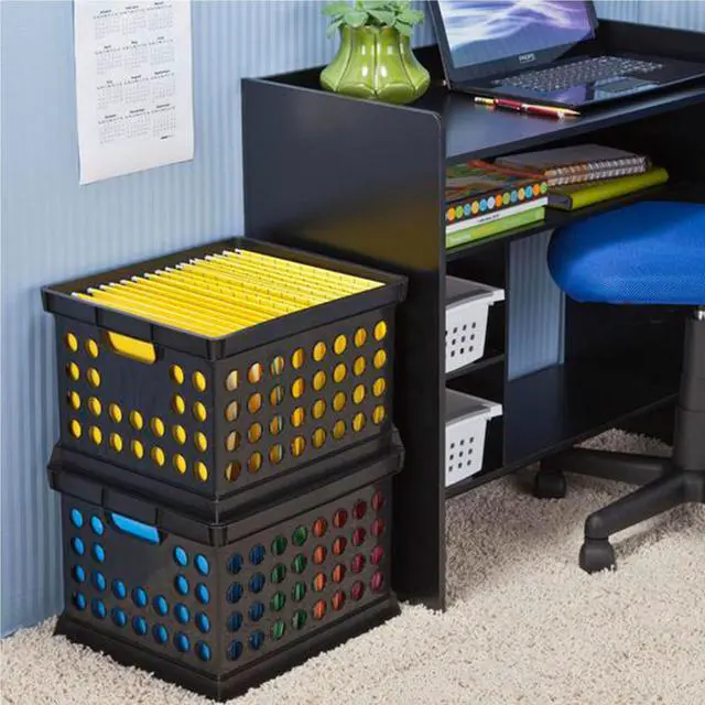 Alt view image 7 of 7 - Stackable Plastic Storage Crate Bin Organizer File Box with Handles for Home, Office, Dorm, Garage, or Utility Organization, Black, 24-Pack