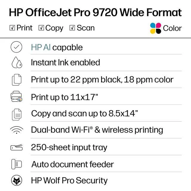 Alt view image 2 of 7 - OfficeJet Pro 9720 Wide-Format Wireless All-in-One Color Inkjet Printer, Print, scan, Copy, fax up to 11x17, ADF, Duplex Printing Best-for-Office, 3 Month Trial of Instant Ink Included (C2XF9A)