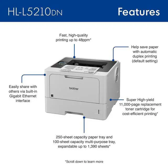 Alt view image 3 of 7 - HL-L5210DN Business Monochrome Laser Printer with Duplex Printing, Versatile Paper Handling, Mobile Printing, and Gigabit Ethernet Networking, Works with Alexa
