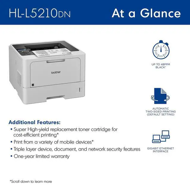 Alt view image 4 of 7 - HL-L5210DN Business Monochrome Laser Printer with Duplex Printing, Versatile Paper Handling, Mobile Printing, and Gigabit Ethernet Networking, Works with Alexa