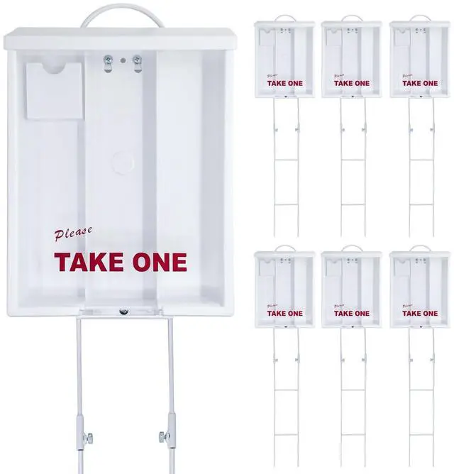 Main image of Outdoor Real Estate Brochure Box with Two-Piece Metal Yard Stake & Dual Cross Bars, Bulk 6 Pack, Letter-Size Take One Flyer Holder, 39" Tall Display (6 Pack - White)