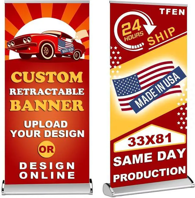 Main image of Custom Banner Pop up Banner Aluminum Deluxe Retractable Banner-Made in USA-33"x81" with Stand Roll up Banner for Business, Trade Shows, Stores, Advertising, Events