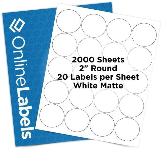 Main image of 2" Round Labels - Permanent Adhesive, White Matte - Great for Candle and Jar Lids, Products, Favor Labels - Pack of 40,000 Circle Stickers, 2,000 Sheets - Inkjet/Laser Printers, OL5375WX, OnlineLabels