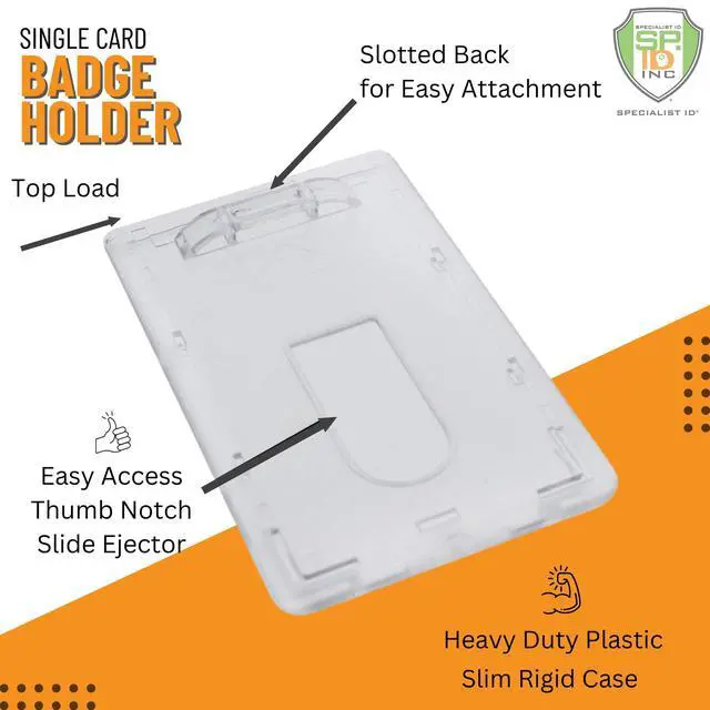 Alt view image 2 of 7 - Bulk 50 Pack - Slim Heavy Duty Badge Holders - Hard Plastic Frosted Polycarbonate (Holds 1 Card) Rigid Top Load Single Card Case - Vertical Easy Access Thumb Slide & ID Protection by