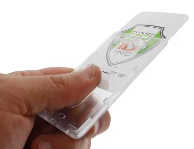 Alt view image 4 of 7 - Bulk 50 Pack - Slim Heavy Duty Badge Holders - Hard Plastic Frosted Polycarbonate (Holds 1 Card) Rigid Top Load Single Card Case - Vertical Easy Access Thumb Slide & ID Protection by