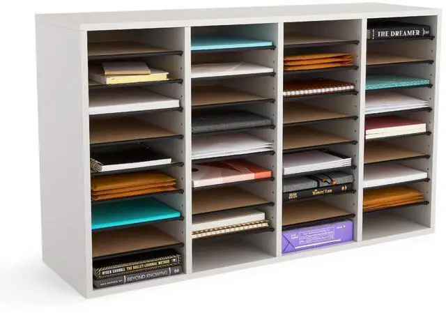 Main image of Literature Organizer, 36 Compartments, Office and Classroom Mailbox with Adjustable Shelves, Wood Paper and Mail Sorter, Modern Gray