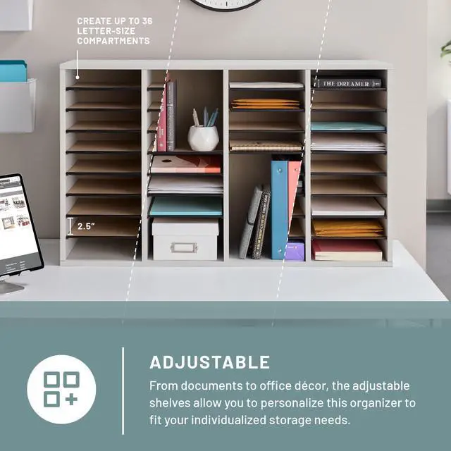 Alt view image 2 of 6 - Literature Organizer, 36 Compartments, Office and Classroom Mailbox with Adjustable Shelves, Wood Paper and Mail Sorter, Modern Gray