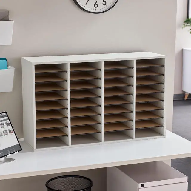 Alt view image 5 of 6 - Literature Organizer, 36 Compartments, Office and Classroom Mailbox with Adjustable Shelves, Wood Paper and Mail Sorter, Modern Gray