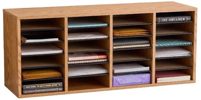 Main image of Literature Organizer, 24 Compartments, Office and Classroom Mailbox with Adjustable Shelves, Wood Paper and Mail Sorter, Medium Oak