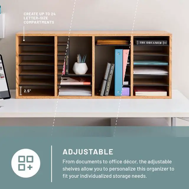 Alt view image 2 of 6 - Literature Organizer, 24 Compartments, Office and Classroom Mailbox with Adjustable Shelves, Wood Paper and Mail Sorter, Medium Oak