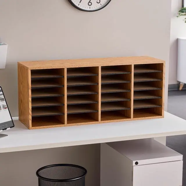Alt view image 5 of 6 - Literature Organizer, 24 Compartments, Office and Classroom Mailbox with Adjustable Shelves, Wood Paper and Mail Sorter, Medium Oak