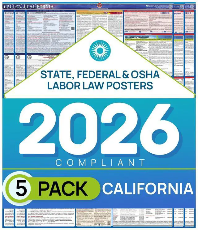Main image of Updated California 2026 Labor Law Poster State & Federal Compliance OSHA, EEOC, FMLA, Minimum Wage Durable, Laminated & Waterproof Workplace Employment Poster Made in USA 26 x 39.5, 5-Pack