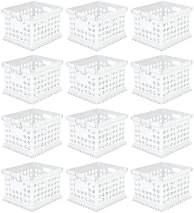 Main image of Stackable Plastic Storage Crate Bin Organizer File Box with Handles for Home, Office, Dorm, Garage, or Utility Organization, White, 12-Pack